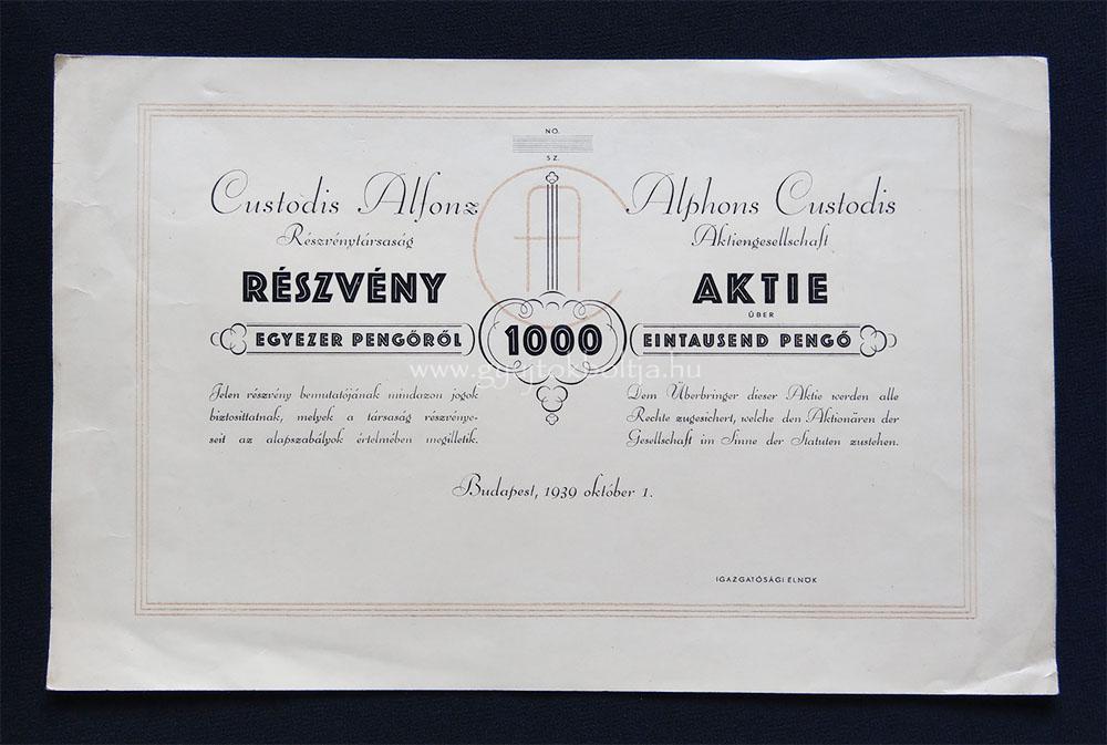 Custodis Alfonz Részvénytársaság részvény 1000 pengõ 1939
